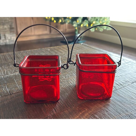 Red Glass Tea Light Holders Noël & Tis The Season Christmas Decor 3" Square - Picture 3 of 8